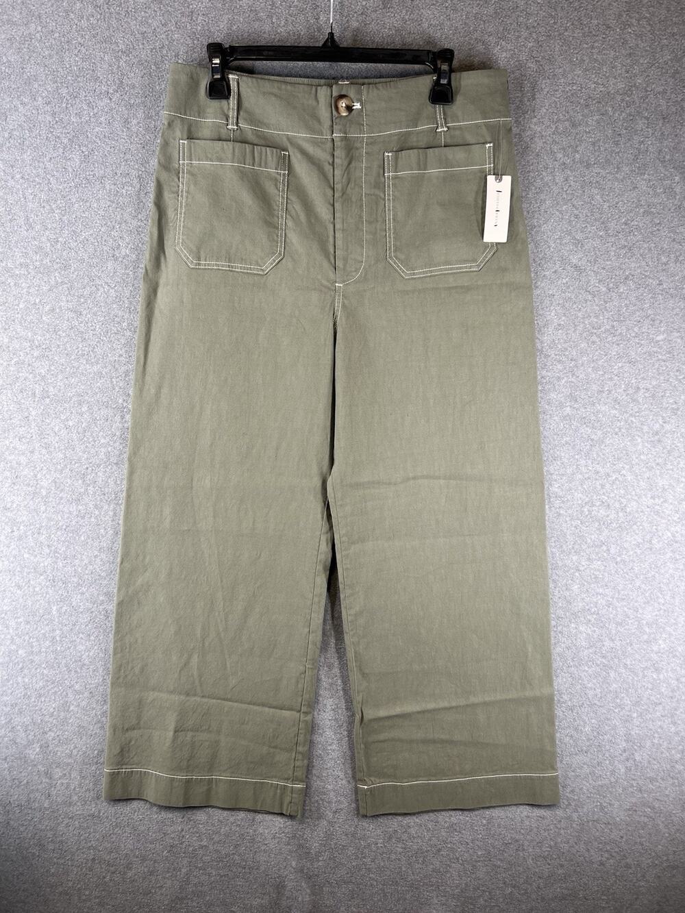 Anthropologie Maeve Colette Size 31 Cropped Wide Leg Green Contrast Stitch Pants
